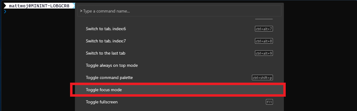 Toggle focus mode setting in Windows Terminal command palette