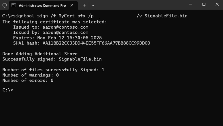 Screenshot that shows a command prompt window showing the 'signtool sign /f MyCert.pfx /p MyCertPassword /v SignableFile.bin' command.