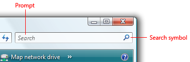 Screenshot that shows an instant search box with a 'Prompt' callout pointing at the Search box, and a 'Search symbol' callout pointing at the magnifying glass graphic.