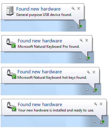 screen shot of 'found new hardware' notifications 