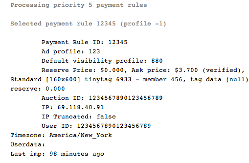 Screenshot of payment rules from a sample debug log.