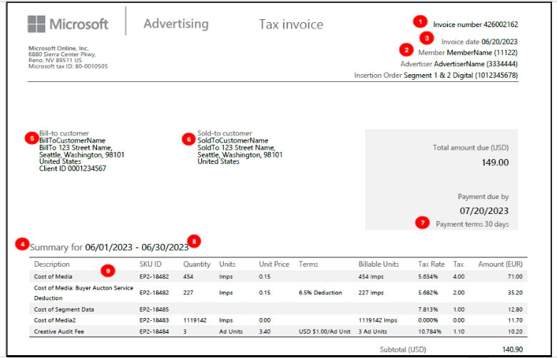 The screenshot shows a summary of changes to Microsoft Advertising invoices, highlighting updates related to tax invoices for Invest customers who have signed a contract with Microsoft Advertising.