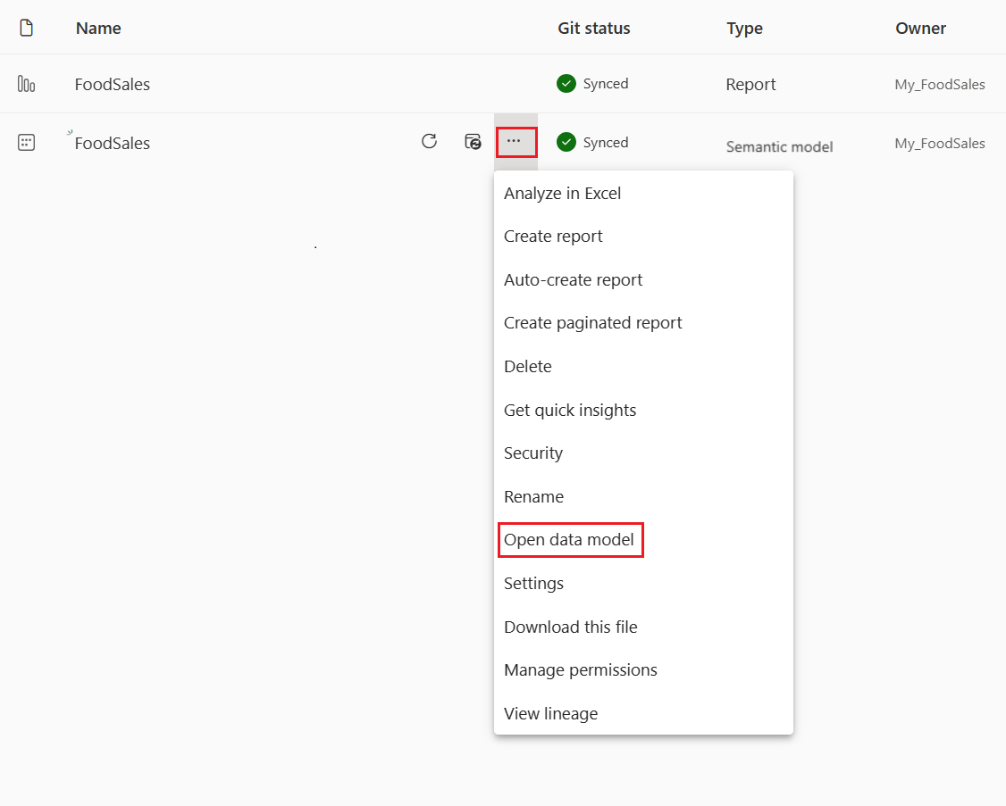 Screenshot of open data model in the expanded semantic model menu.