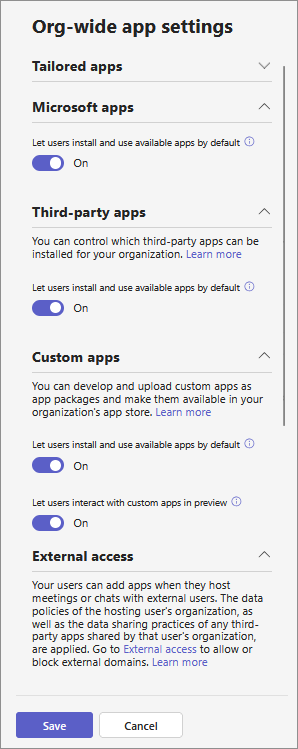 Screenshot showing the org-wide app settings in an organization that uses app centric management feature.