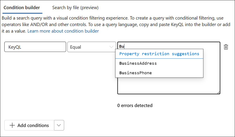 KeyQL editor suggests supported properties.