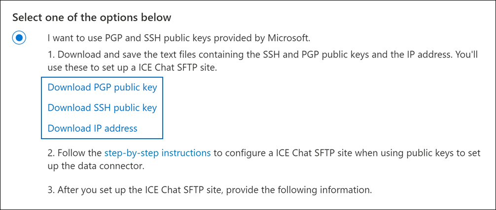 Links to download public keys and IP address.