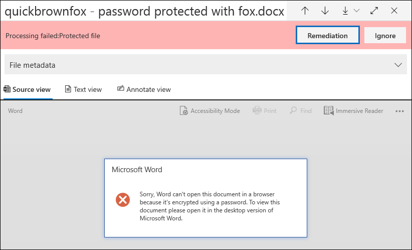 Select Remediation in the banner of the document with processing error.