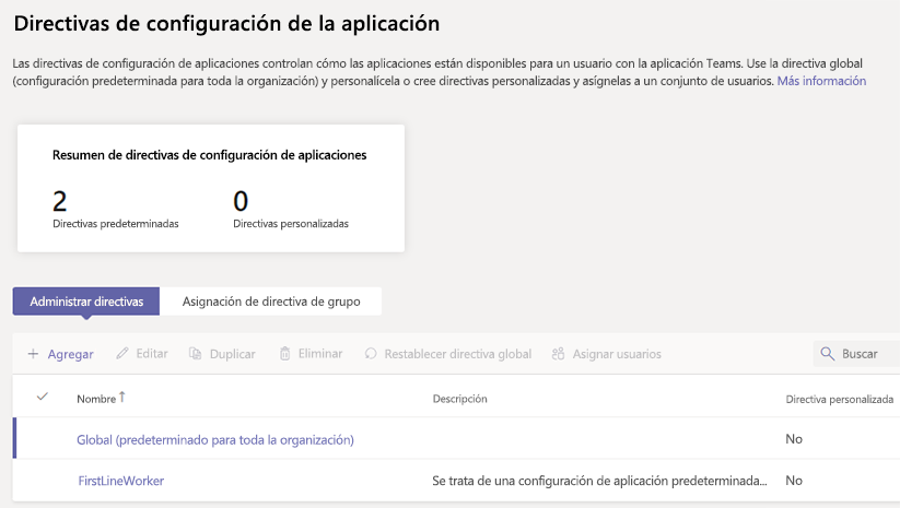 Captura de pantalla de la directiva de configuración de aplicaciones.