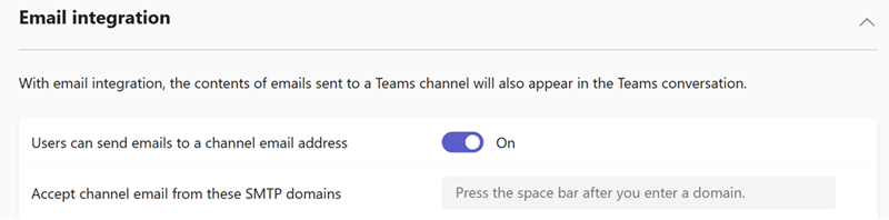 Captura de pantalla de la configuración de integración de correo electrónico de Teams en el Centro de administración de Teams.