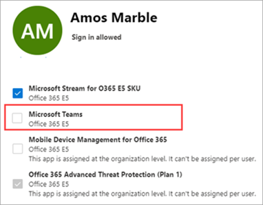 Captura de pantalla 1 de la licencia de Teams deshabilitada para un usuario.