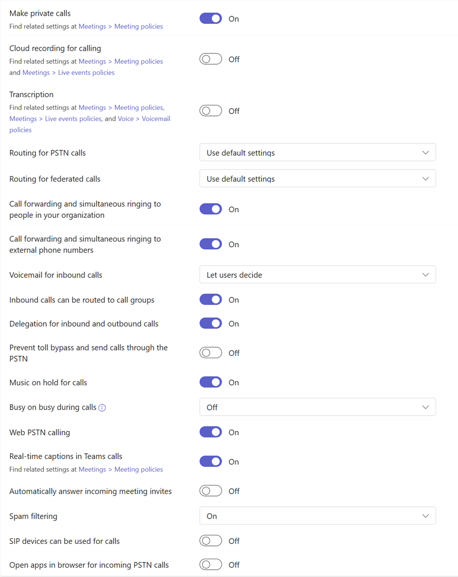 Captura de pantalla de las directivas de llamadas de Teams.