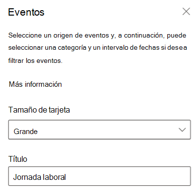 Captura de pantalla del panel propiedades de la tarjeta Eventos.