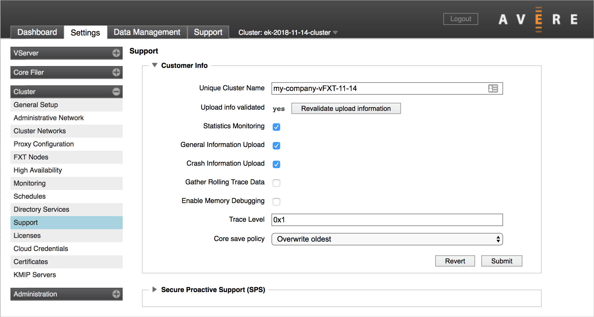 Captura de pantalla que contiene la sección de información del cliente completada en la página de configuración de soporte técnico