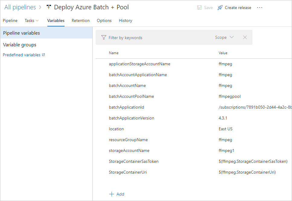 Captura de pantalla que muestra las variables definidas para la versión de Azure Pipelines.