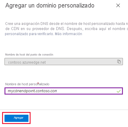 Captura de pantalla de la página Agregar un dominio personalizado para un punto de conexión de CDN.