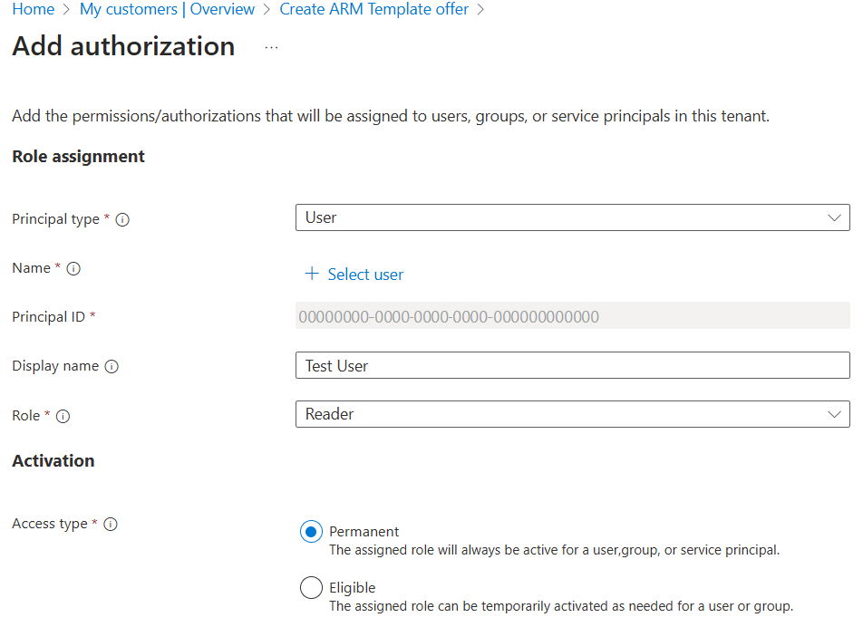 Captura de pantalla de la sección Agregar autorización de Azure Portal.