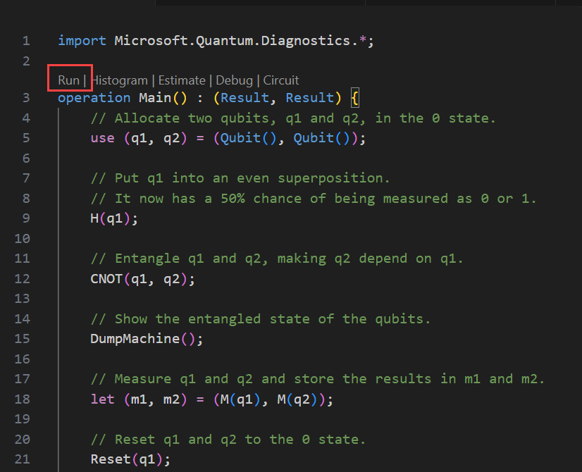 Captura de pantalla del Q# archivo en Visual Studio Code que muestra dónde encontrar el comando 