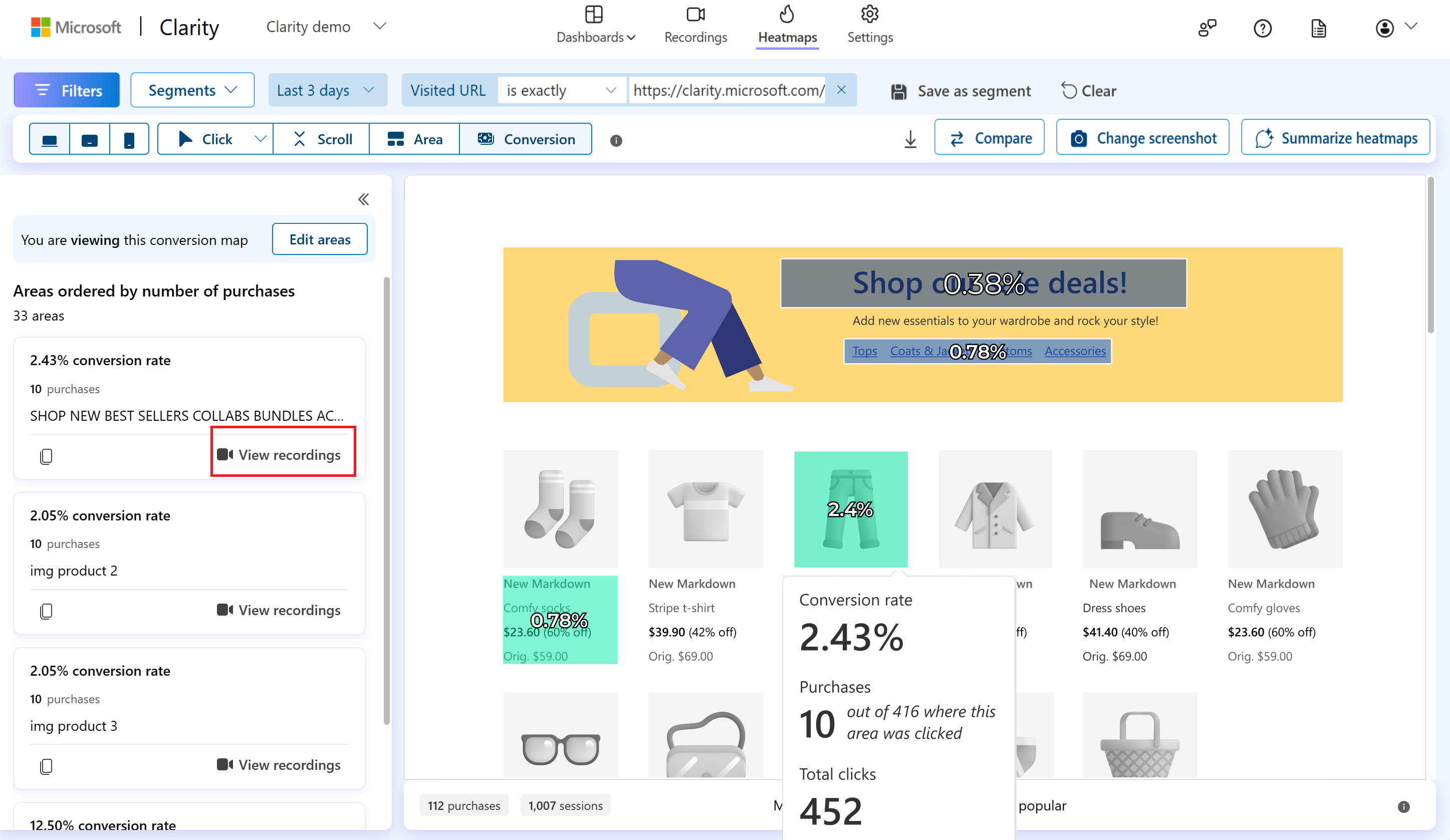 Conversion maps view recordings button.