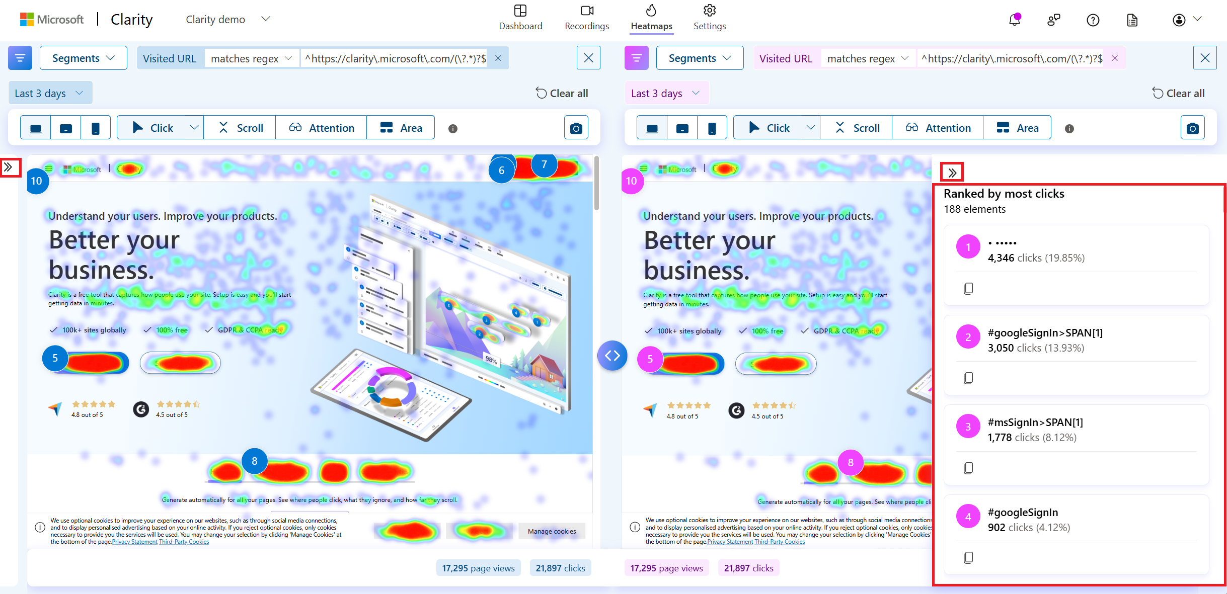 View scroll, area, or click data in Compare mode.