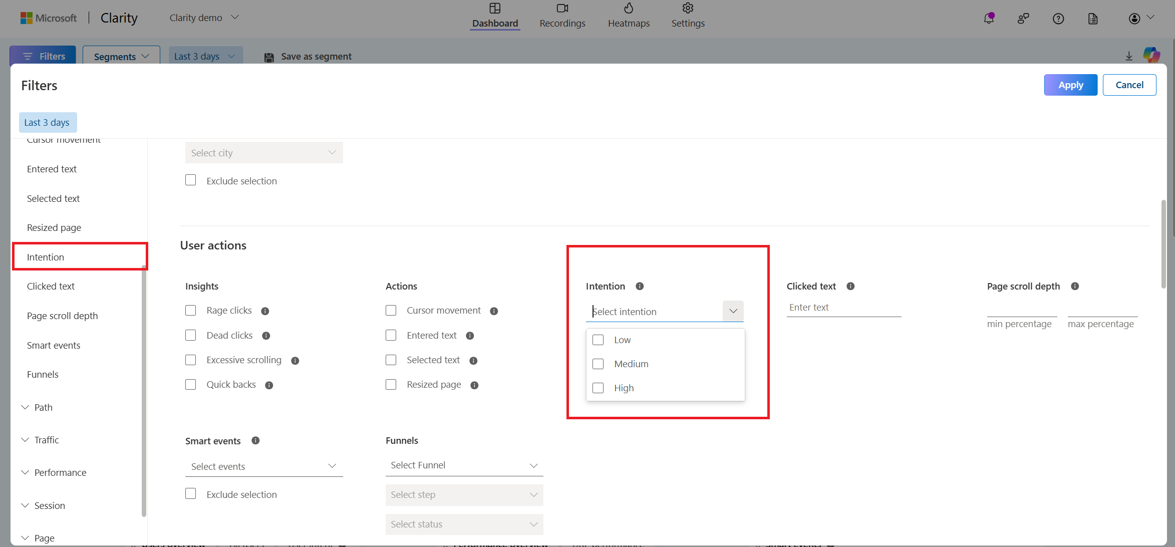 User intent filters in user actions.