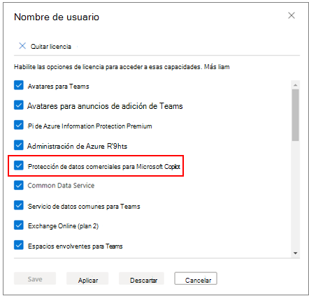 Aplique la protección de datos comercial para Microsoft Copilot elemento de licencia.