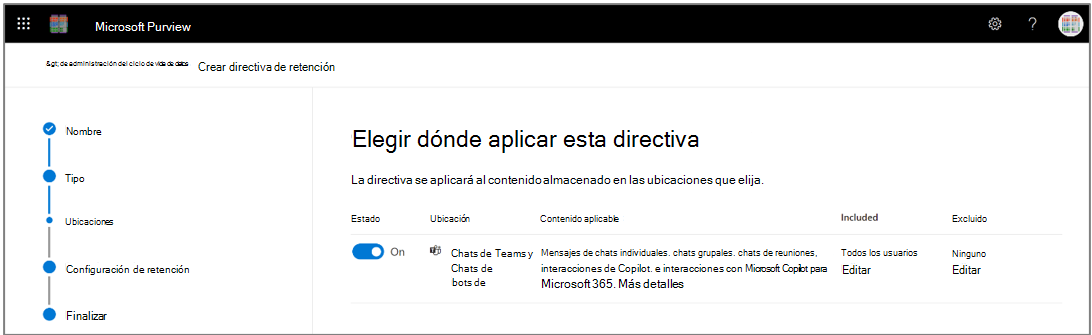 Configuración de una directiva de retención para chats de Teams e interacciones de Copilot.