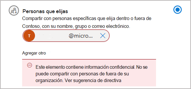 Sugerencia de directiva DLP durante el uso compartido.