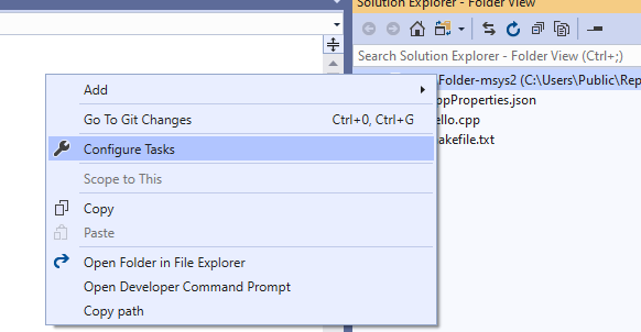 Menú contextual Explorador de soluciones en el que se muestra el comando Configurar tareas.