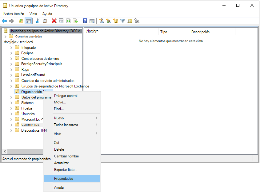 Captura de pantalla de la selección de propiedades de dominio o unidad organizativa.