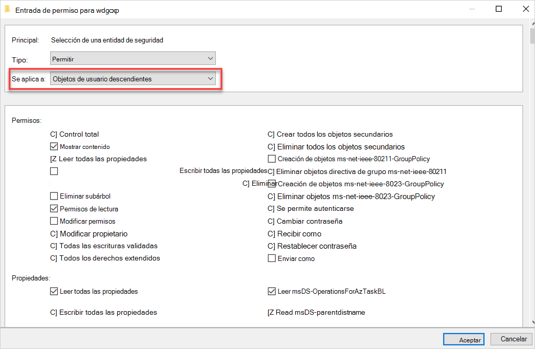 Captura de pantalla de la configuración de permisos y propiedades.