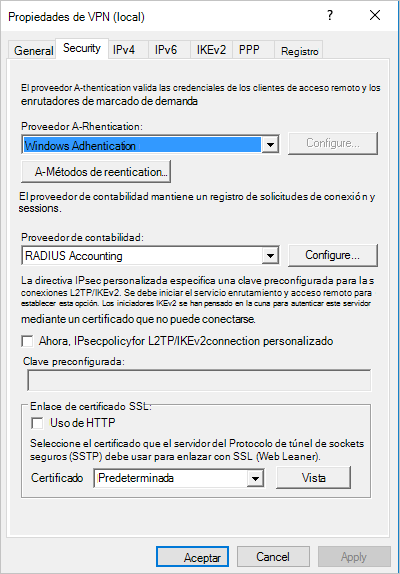 Captura de pantalla de la pestaña Seguridad.