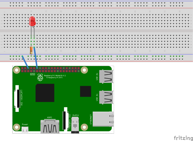 Un diagrama de Fritzing en el que se muestra un circuito con un LED y una resistencia