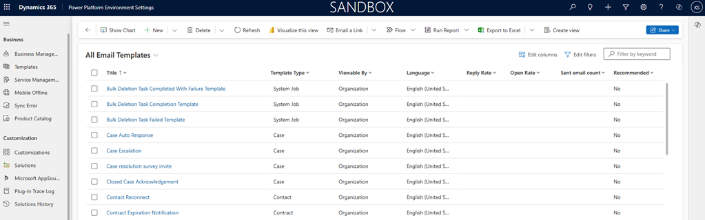 Captura de pantalla de la lista de plantillas de correo electrónico.