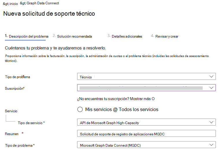 Captura de pantalla que muestra la selección de temas de una solicitud de Soporte técnico de Azure para hacer referencia a un problema con Microsoft Graph Data Connect.