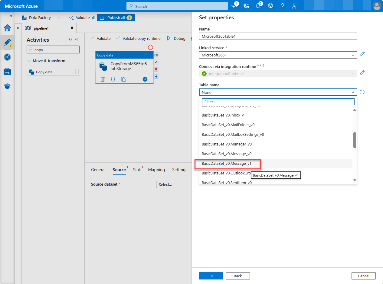 Captura de pantalla de la página recursos de Azure Portal Factory con la lista de conjuntos de datos expandidos.