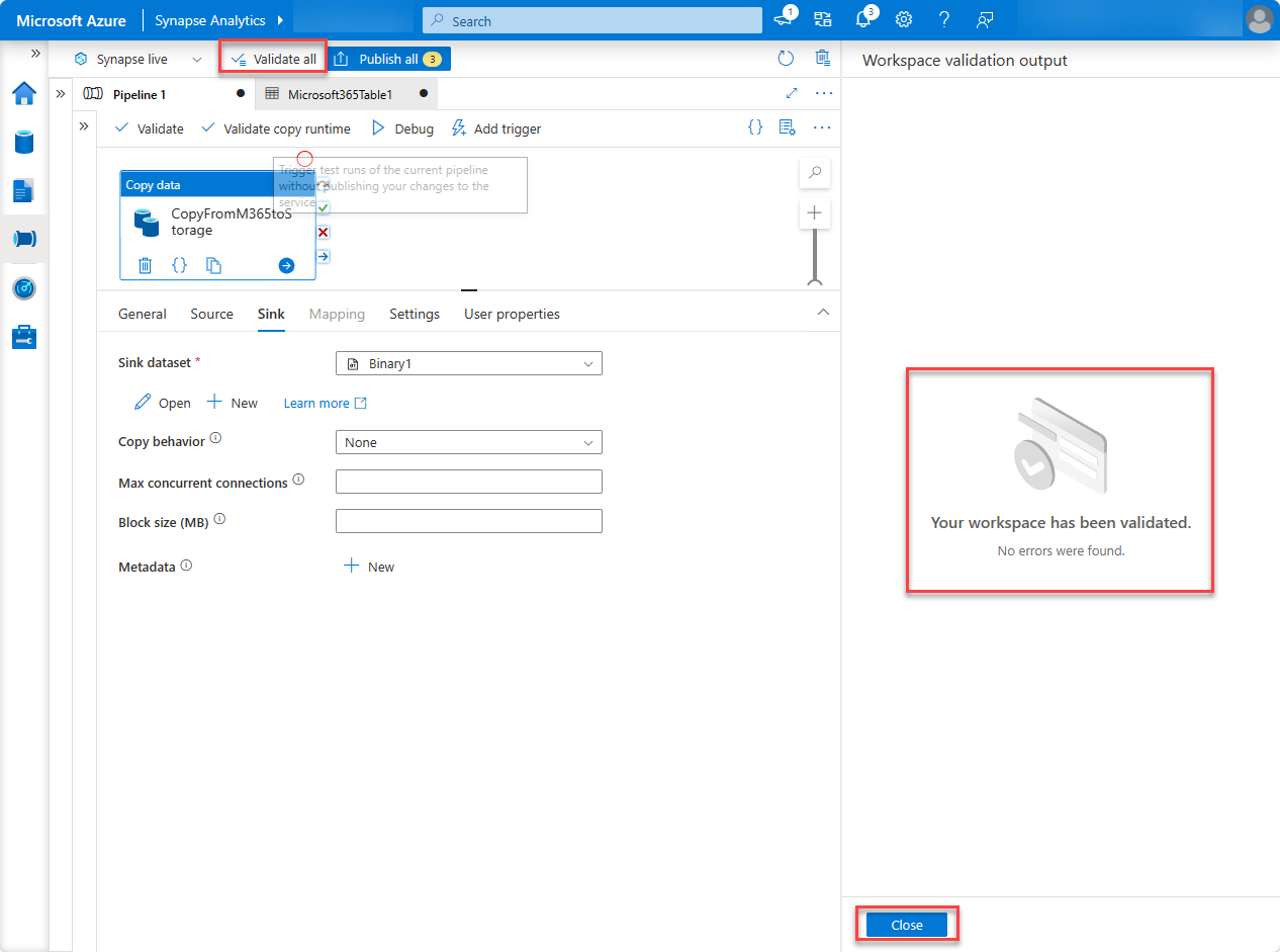 Captura de pantalla de la canalización de Synapse Analytics con validar todo resaltado.