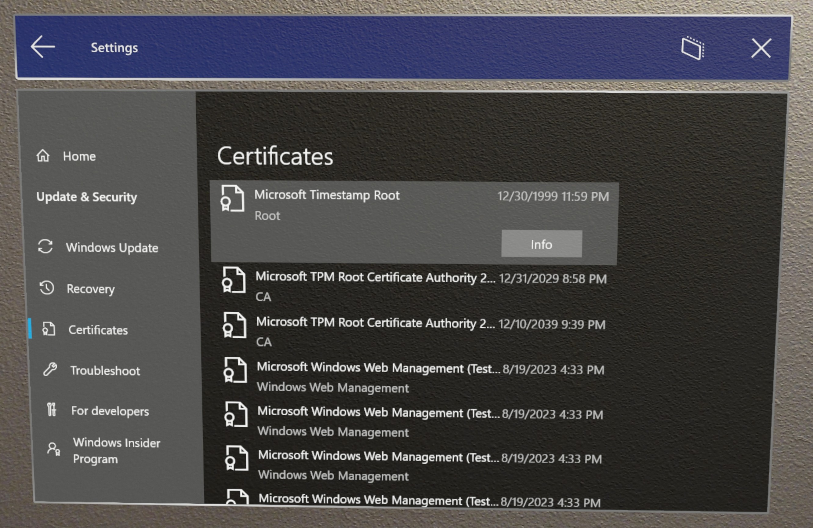 visor de certificados en la aplicación Configuración en Certificados.