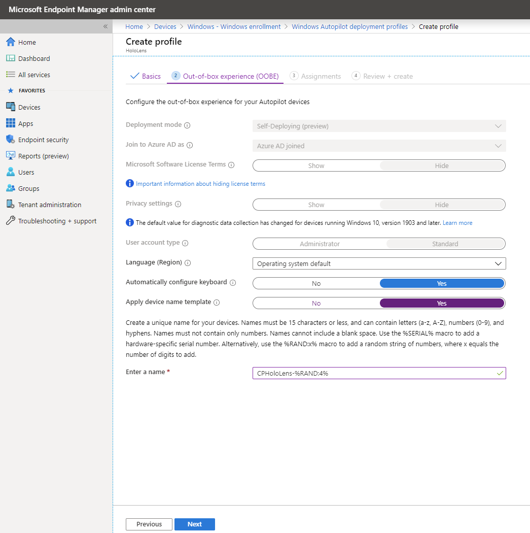 Configure los valores de OOBE.