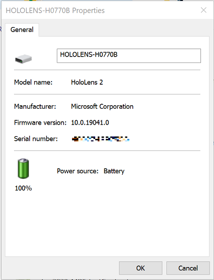 pantalla de propiedades de HoloLens 2 muestra el nivel de cambio de batería.