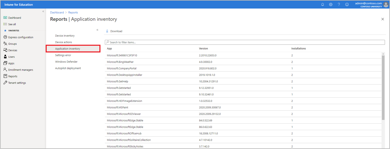 Pantalla del informe de inventario de aplicaciones, en la que se muestra una lista de aplicaciones en Intune para la administración de Educación.