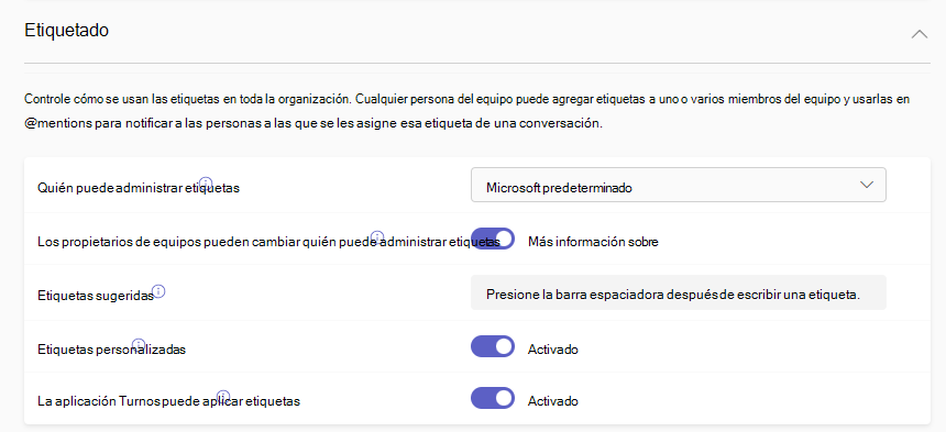 Captura de pantalla de la configuración de etiquetado de Teams en el Centro de administración de Teams.