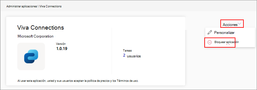 Captura de pantalla que muestra cómo bloquear el acceso a una aplicación desde el menú Acciones al usar la característica administrar el acceso por aplicación.