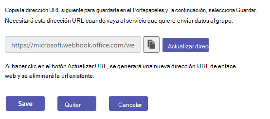 Captura de pantalla que muestra la opción de actualizar una dirección URL de webhook.