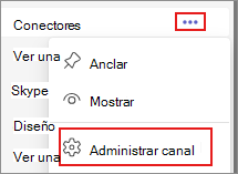 Captura de pantalla que muestra la opción administrar canal en Teams.