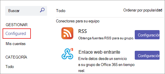 Captura de pantalla que muestra la sección configurada para las conexiones de conector existentes en un equipo.