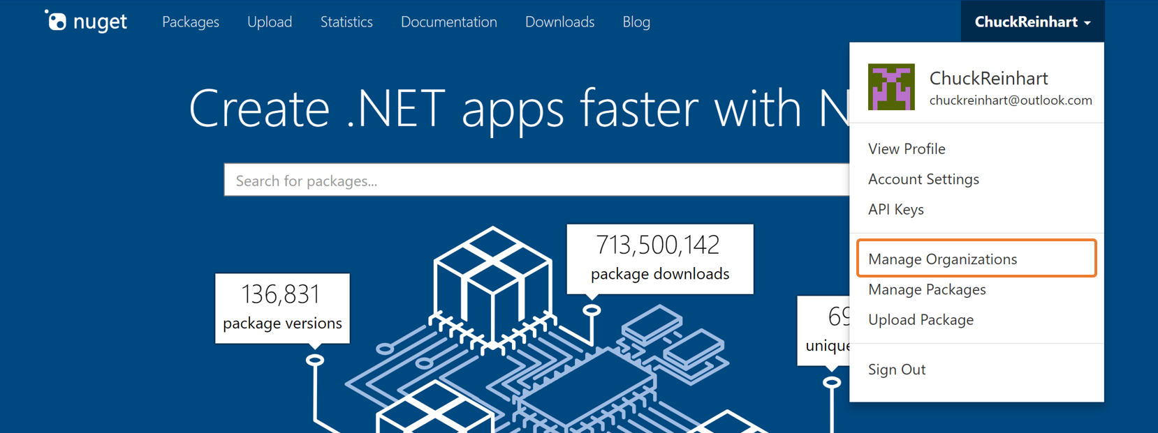 Opción de menú en NuGet.org para administrar organizaciones