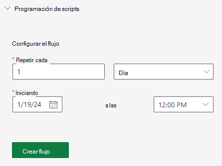 El panel de tareas Código Editor que muestra las opciones de intervalo de periodicidad para programar un script.