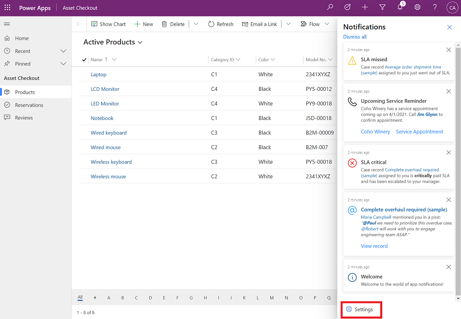 Menú de configuración de notificaciones.