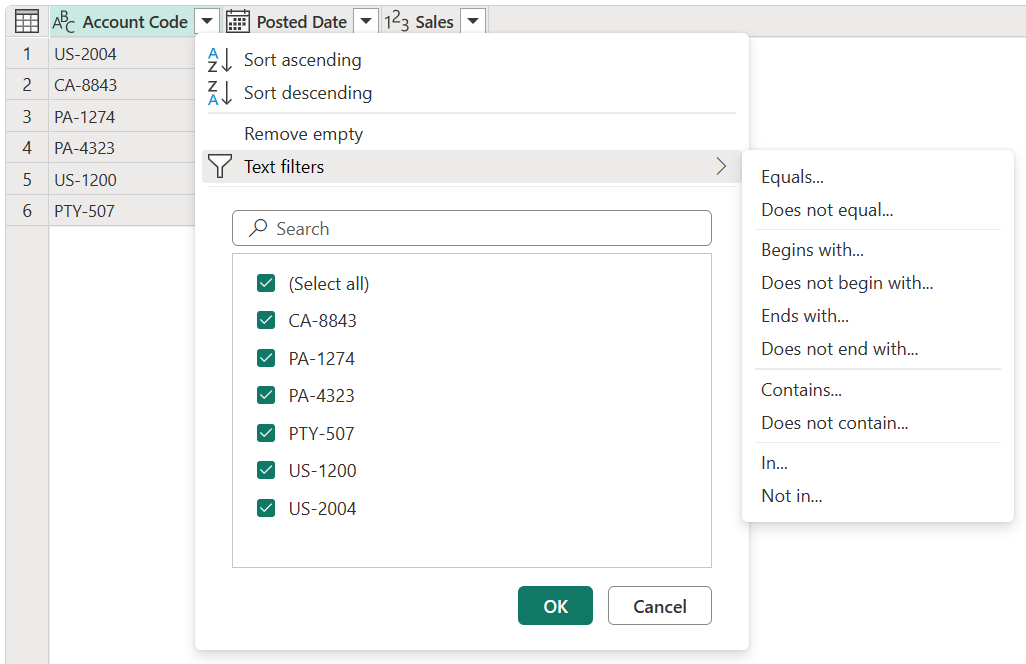 Captura de pantalla de los elementos de menú que contienen comandos y filtros específicos para columnas que contienen el tipo de datos textuales.