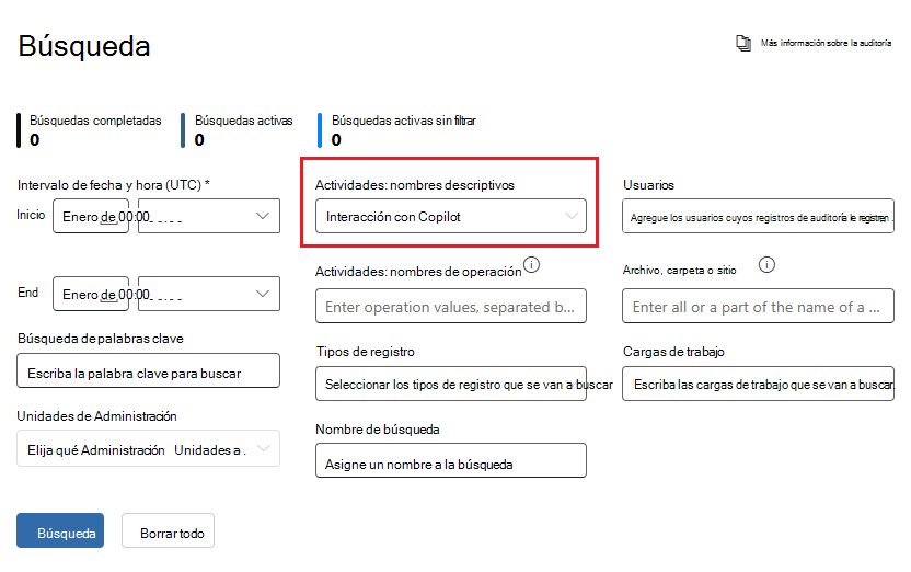 Opciones de auditoría para identificar las interacciones del usuario con Copilot.